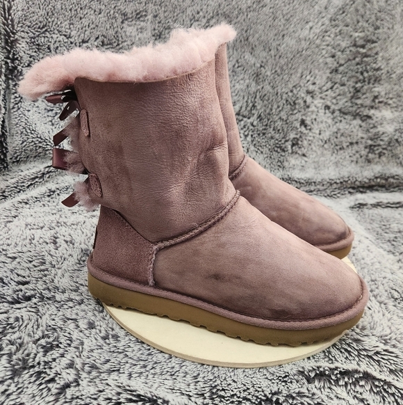 UGG Shoes - UGG Bailey Bow II Purple/Shadow Leather Sheepskin Boots Women's Size 7